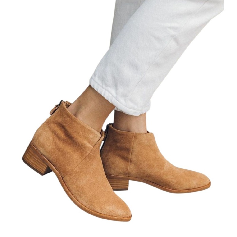 Soludos Venetian Tan Suede Ankle Boots Women"s Size 6.5 Block Heel Booties